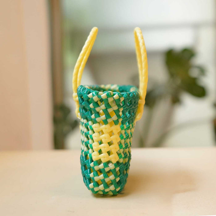 Handwoven Green & Beige Small Plastic Wire Koodai Bag For Festive Return Gifts
