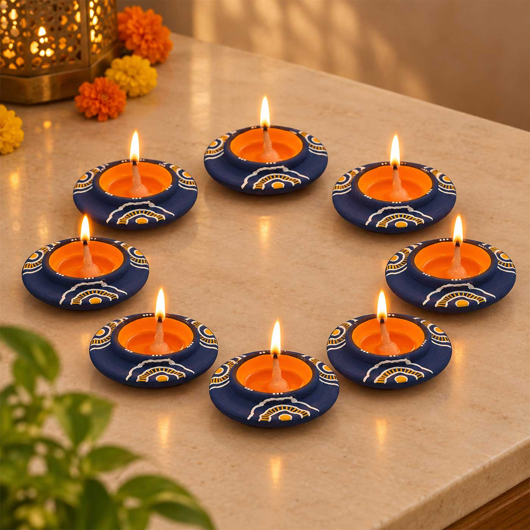 Set of 8 | "Blue Bloom" Hand-Painted Terracotta Disc Diya Tealight Holders For Festive Decor