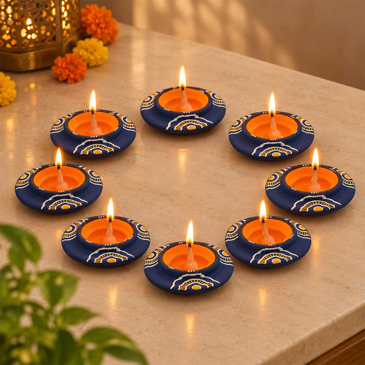 Set of 8 | "Blue Bloom" Hand-Painted Terracotta Disc Diya Tealight Holders For Festive Decor