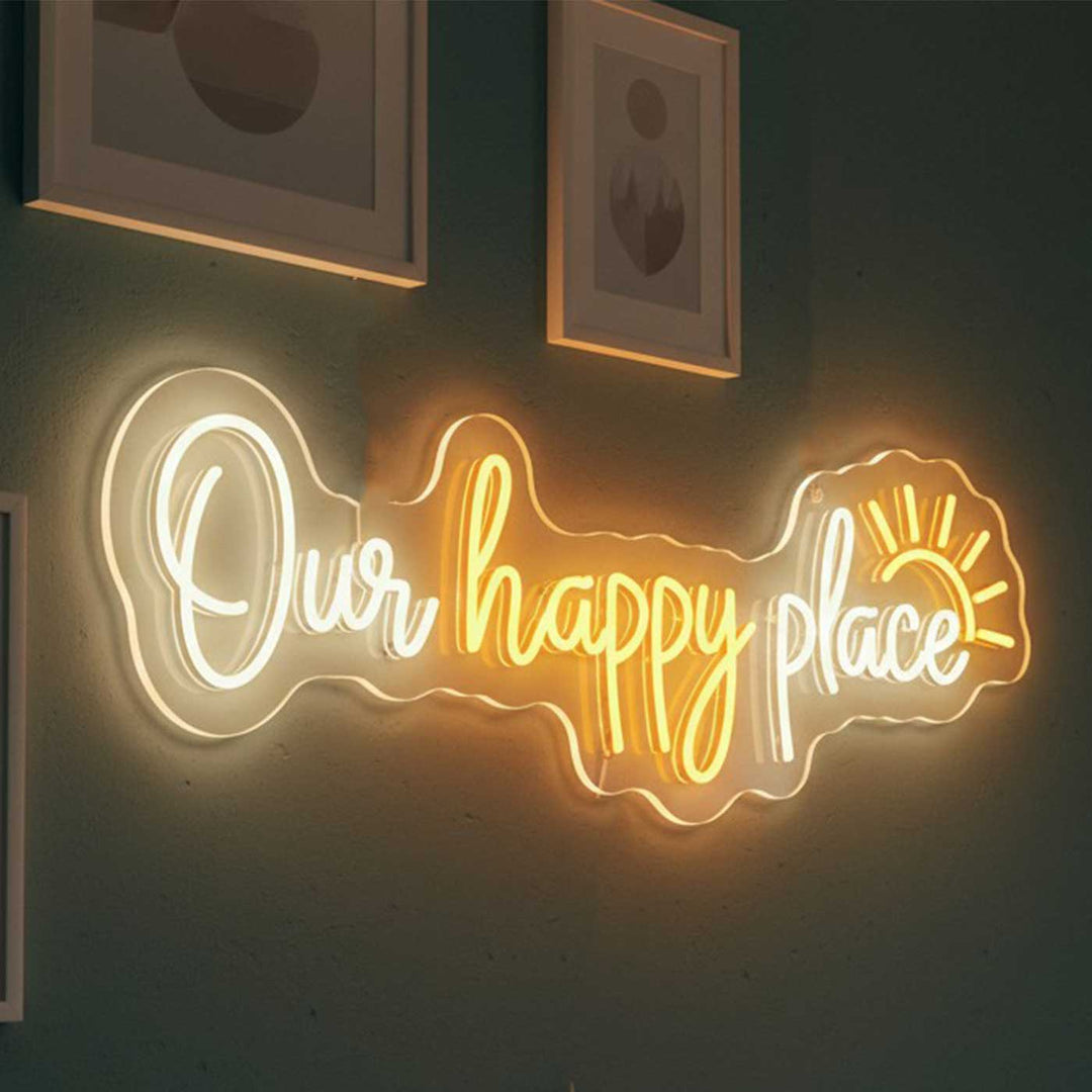Personalized Handmade "Our Happy Place" Quote Neon Light Sign Board for Home Wall Decor