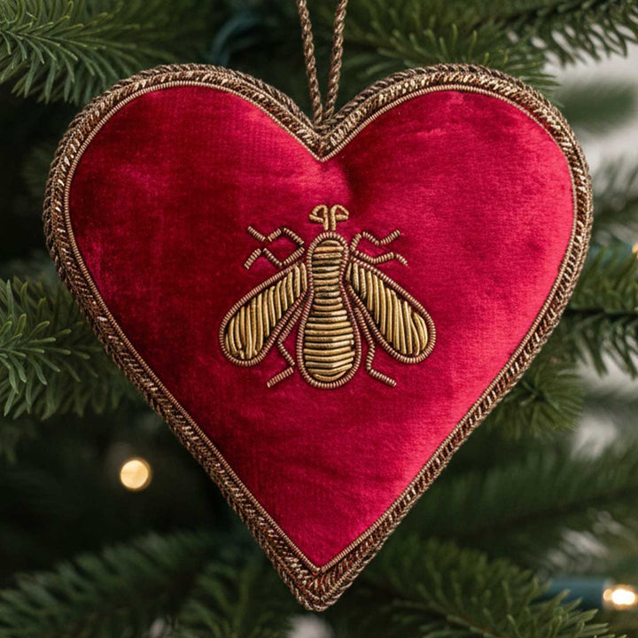 Red Bee Heart Cotton Premium Zardozi Ornament