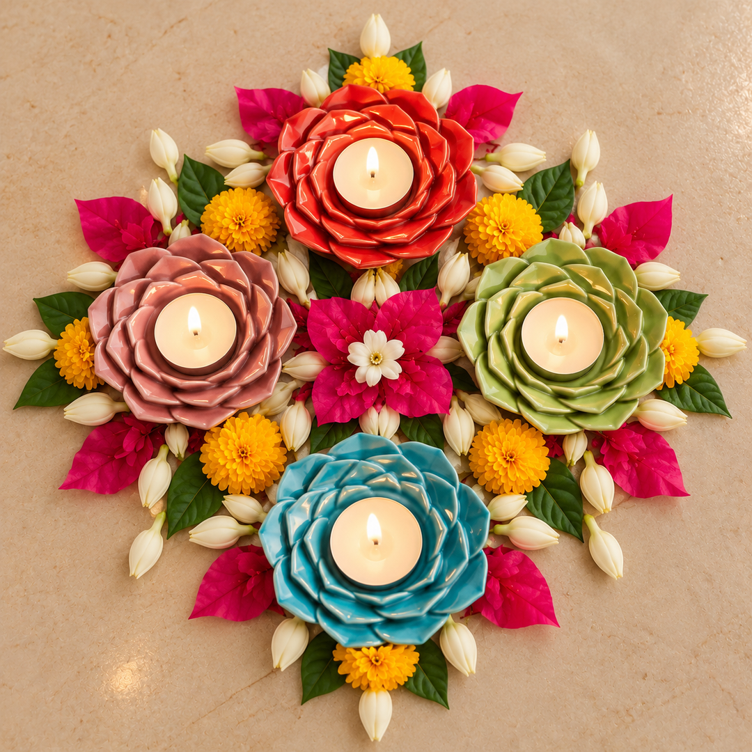 Set of 4 | Handmade Phoolrani Ceramic Tealight Holder