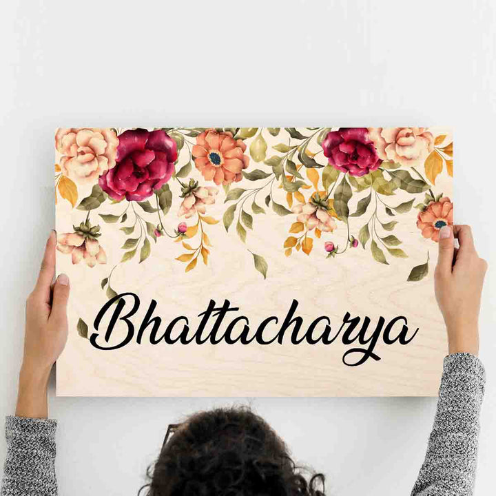 Printed Floral Wooden Rectangle Nameplate