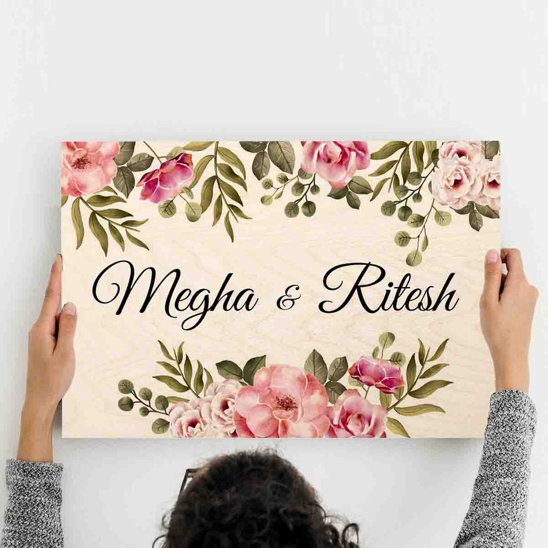 Printed Floral Wooden Rectangle Nameplate