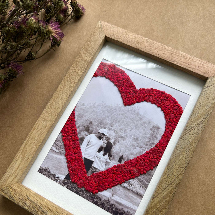 Couple Heart Design Hand Embroidered Photo With Wooden Frame
