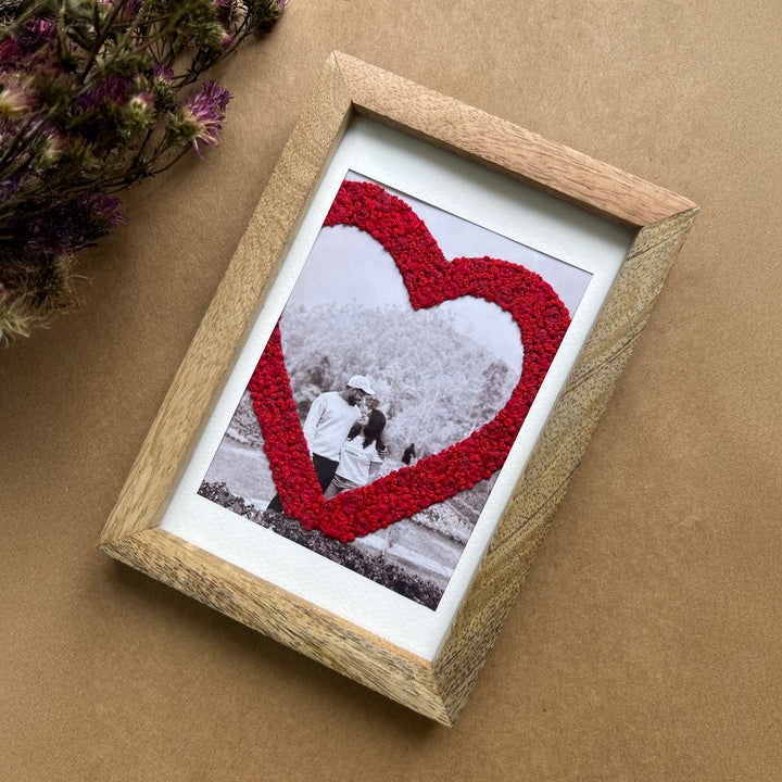 Couple Heart Design Hand Embroidered Photo With Wooden Frame