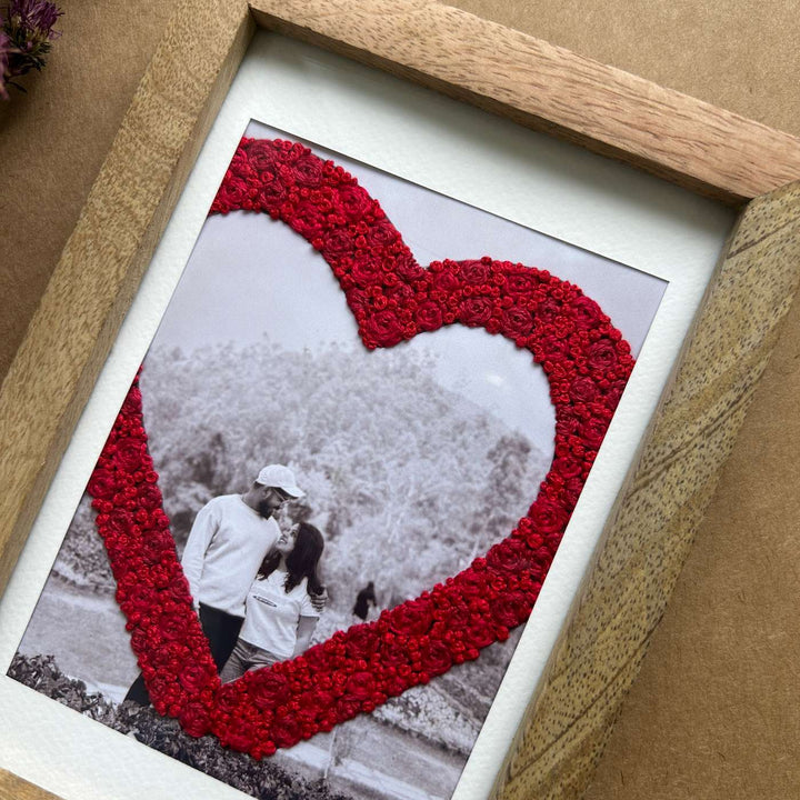 Couple Heart Design Hand Embroidered Photo With Wooden Frame