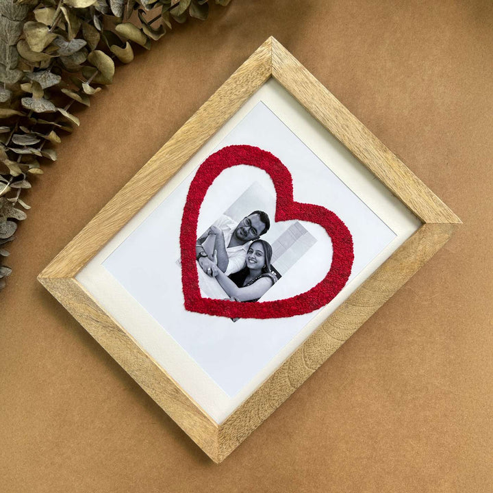 Couple Heart Design Hand Embroidered Photo With Wooden Frame
