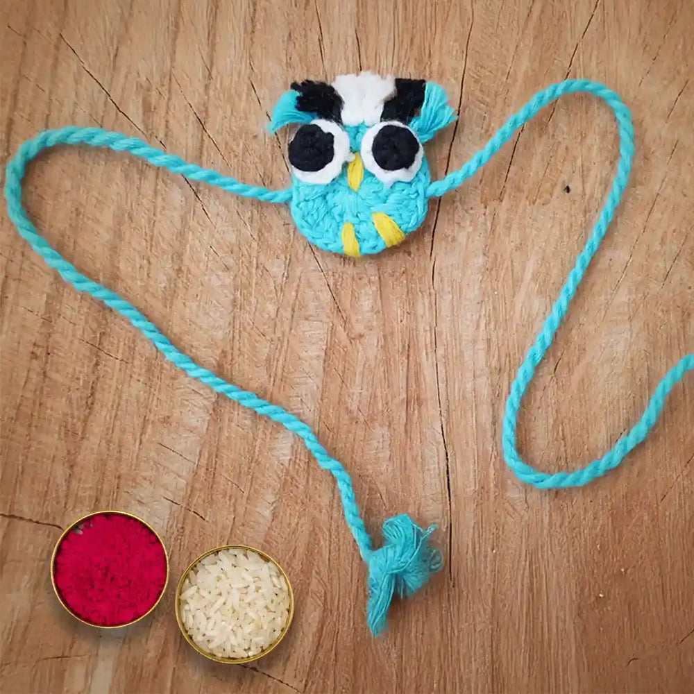 Handmade Crochet Owl Theme Kids Rakhi And Toy Combo With Roli Chawal Set Of 2 - Bracelet Front View Close-up