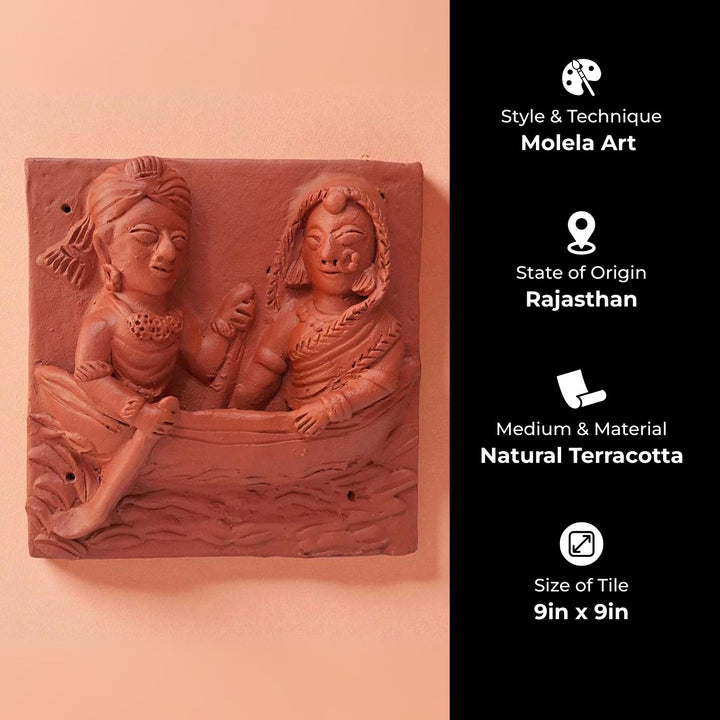 9 x 9 Inch | Couple In Boat | 3D Handmade Terracotta Molela Mural Wall Art Tile