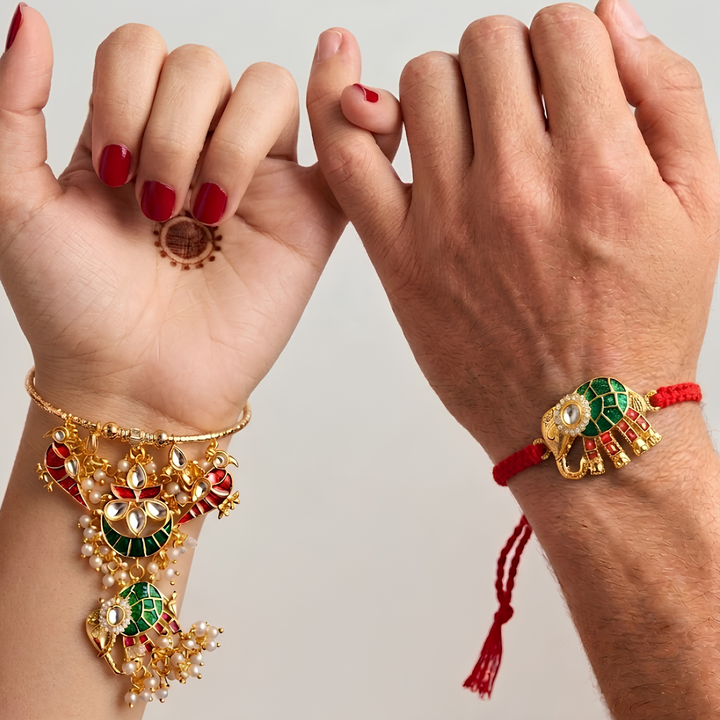 Handcrafted Meenakari Elephant Bhai Rakhi with Bangle Bhabhi Rakhi | Set of 2
