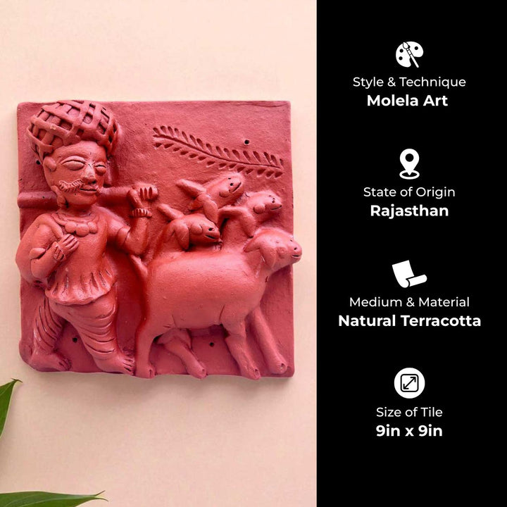 9 x 9 Inch | Cattle Grazer | 3D Handmade Terracotta Molela Mural Wall Art Tile