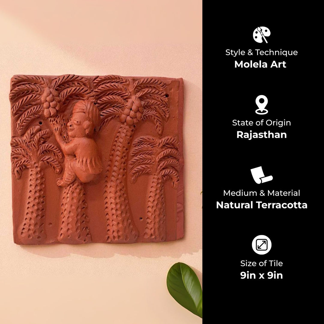 9 x 9 Inch | Coconut Vendon In Tree | 3D Handmade Terracotta Molela Mural Wall Art Tile