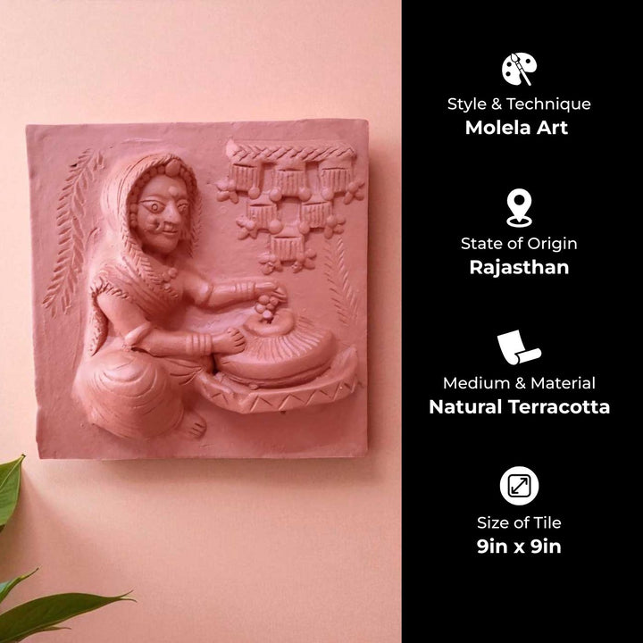 9 x 9 Inch | Lady With Stone Mill | 3D Handmade Terracotta Molela Mural Wall Art Tile