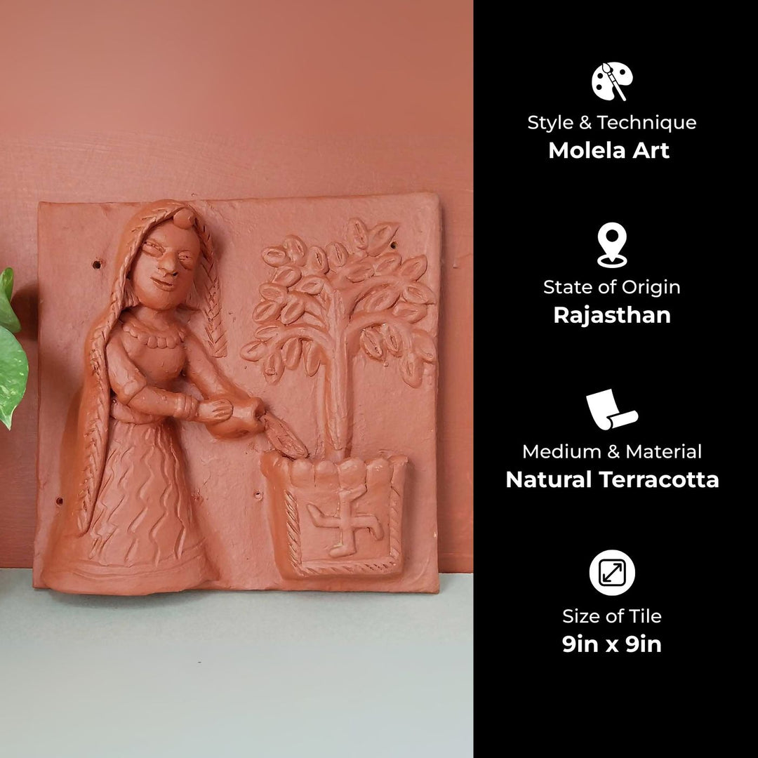 9 x 9 Inch | Village Woman With Tulsi Pot | 3D Handmade Terracotta Molela Mural Wall Art Tile