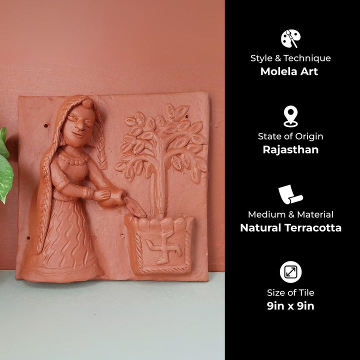 9 x 9 Inch | Village Woman With Tulsi Pot | 3D Handmade Terracotta Molela Mural Wall Art Tile