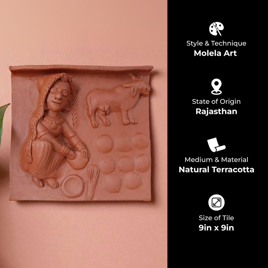 9 x 9 Inch | Women & Cow Dungs | 3D Handmade Terracotta Molela Mural Wall Art Tile