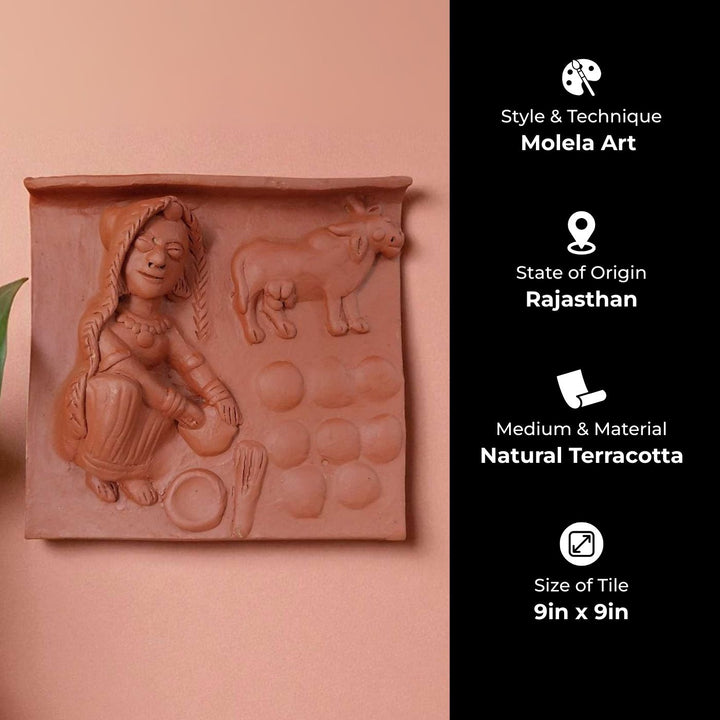 9 x 9 Inch | Women & Cow Dungs | 3D Handmade Terracotta Molela Mural Wall Art Tile