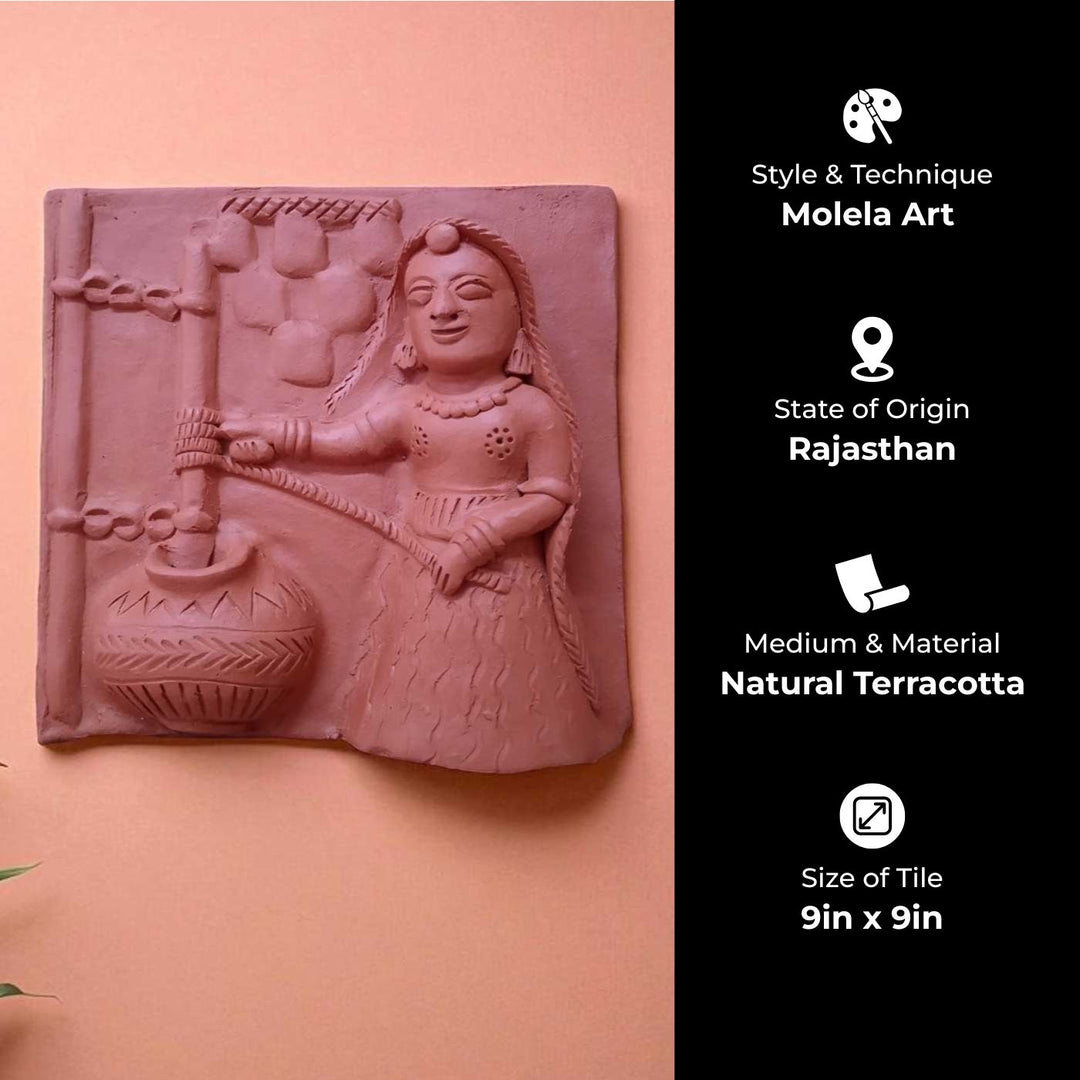 9 x 9 Inch | Women Churning Milk | 3D Handmade Terracotta Molela Mural Wall Art Tile