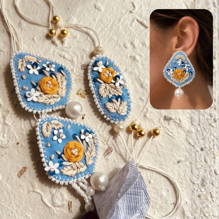 Convertible Earring Lumba Rakhi Set | Hand Embroidered Blue Floral Sequined Bhaiya Bhabhi Rakhi | Set of 2