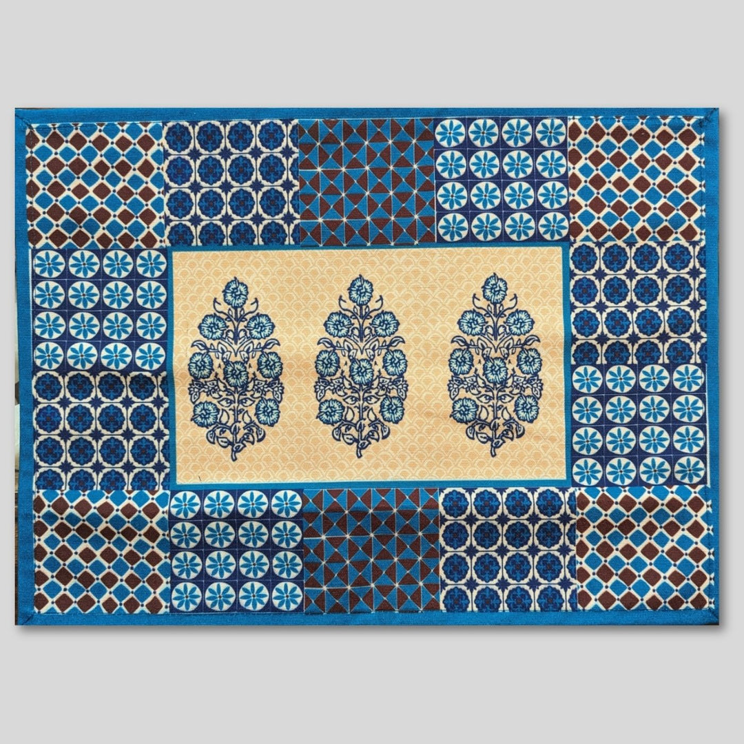 Printed Barmer'S Block Print Indigo Bloom Table Runner & Mat Set