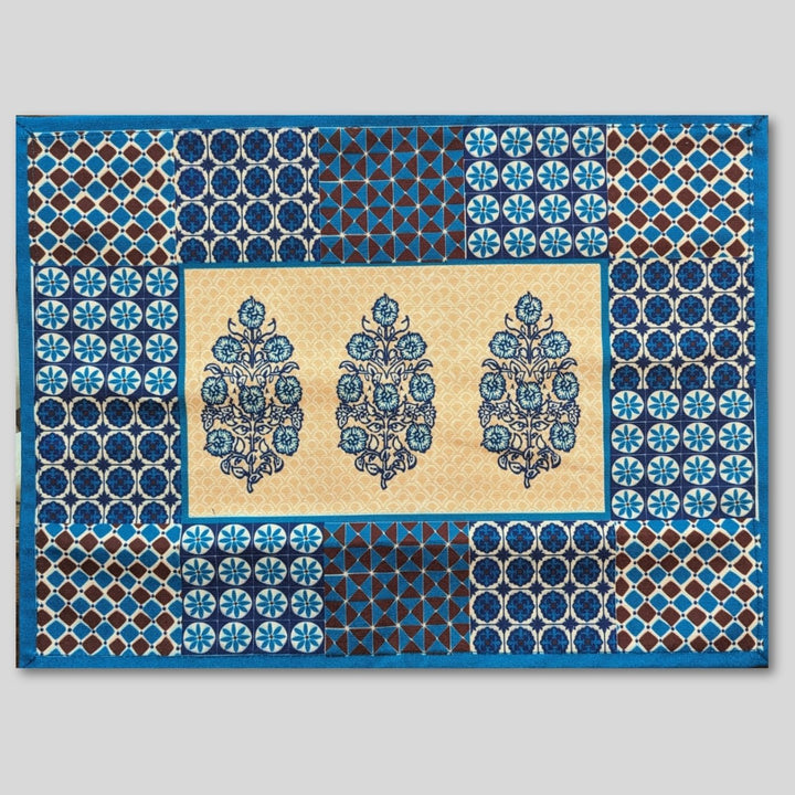 Printed Barmer'S Block Print Indigo Bloom Table Runner & Mat Set