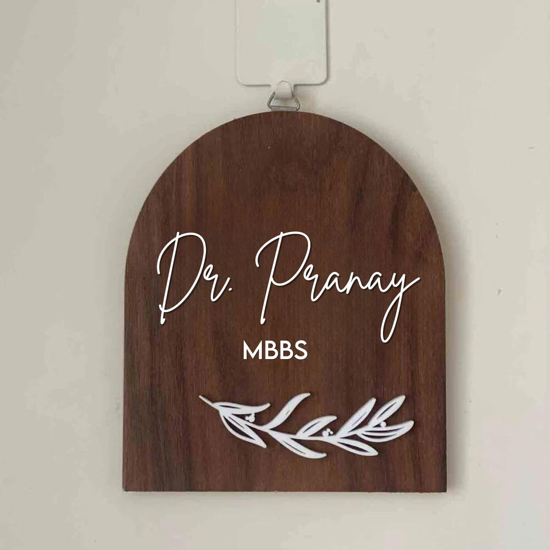 Small Minimal Arched Wooden Name Plate With 3D Acrylic Letters For Doctor - Front View Hanging on Hook