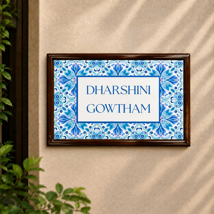 Floral Blue Vintage Design Personalized Resin & Teak Wood Frame Name Plate For Home