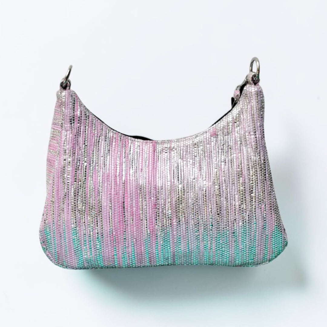 Pink and Silver Striped Upcycled Plastic Handcrafted Baguette Handbag