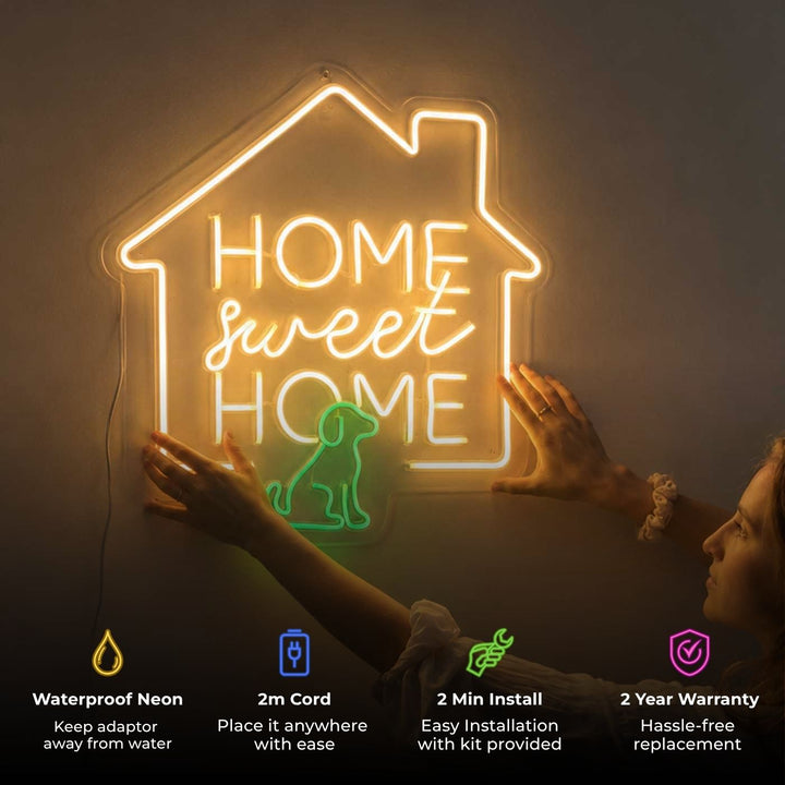 Handmade "Home Sweet Home" Neon Light Sign Board With Dog Motif Wall Decor