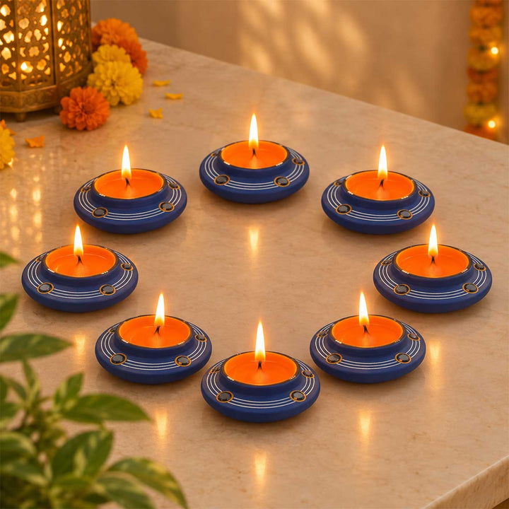 Set of 8 | "Blue Rhythm" Mirror Work Hand-Painted Terracotta Disc Diya Tealight Holders For Festive Decor