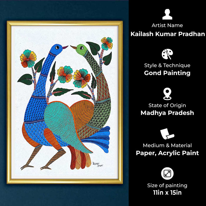 11 x 15 Inch | Love Birds with Flowers | Original Hand painted Tribal Gond Art Painting | Acrylic Paints On Paper