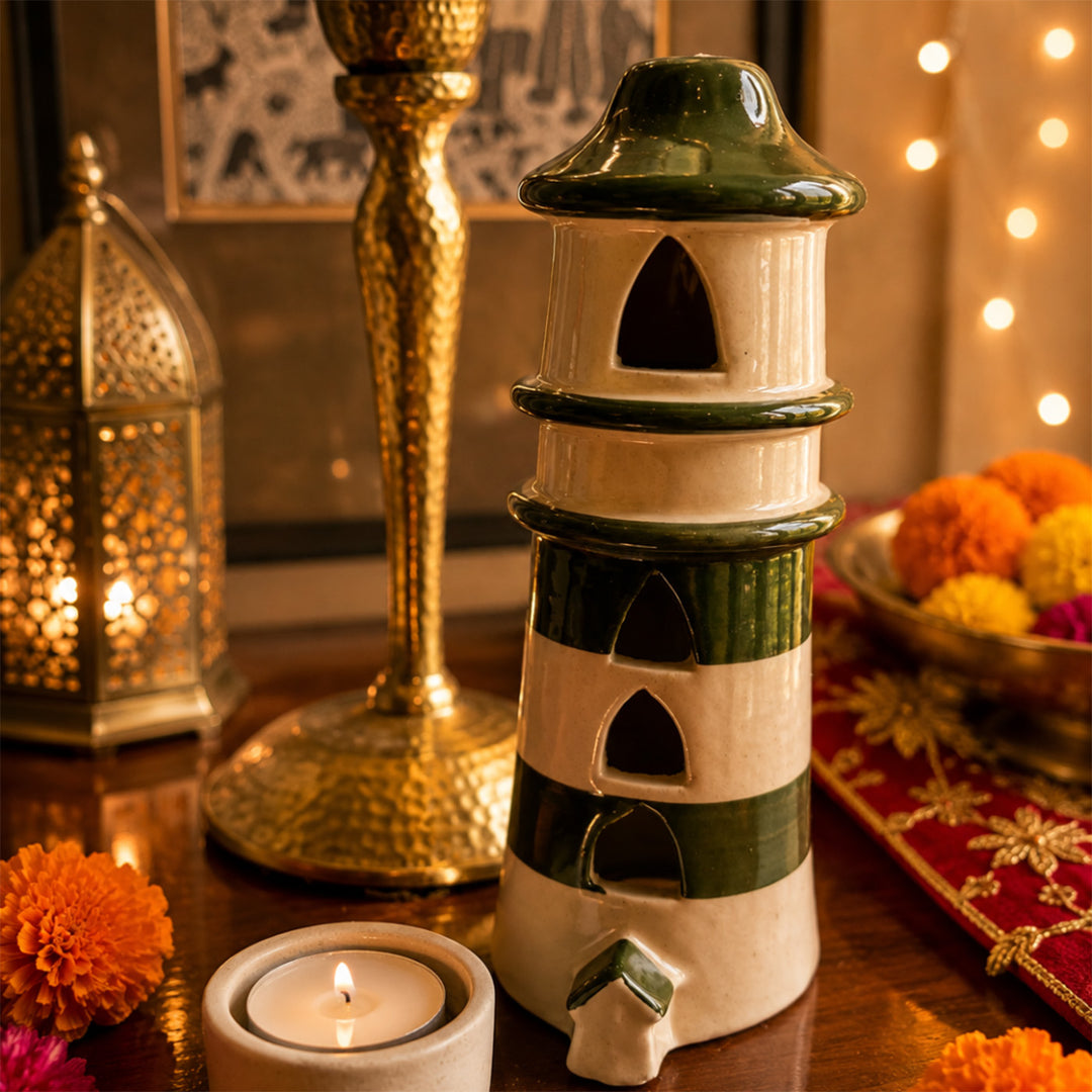 Shubh Labh Green Tealight Home Diwali Gift Hamper With Potli And Mata Laxmi Charan For Festive Gifting
