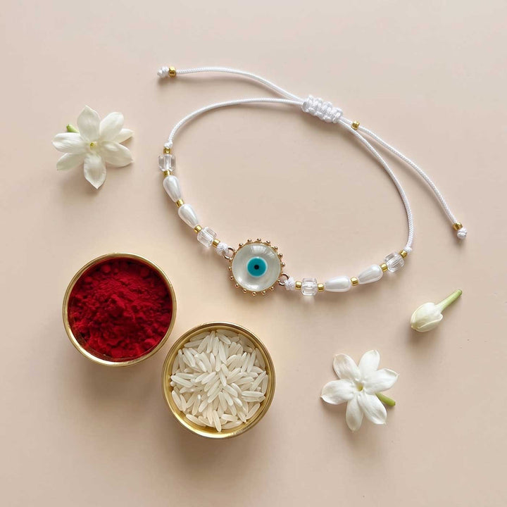 Engraved Evil Eye Enamel Metal Charm Rakhi With Roli Chawal for Brother