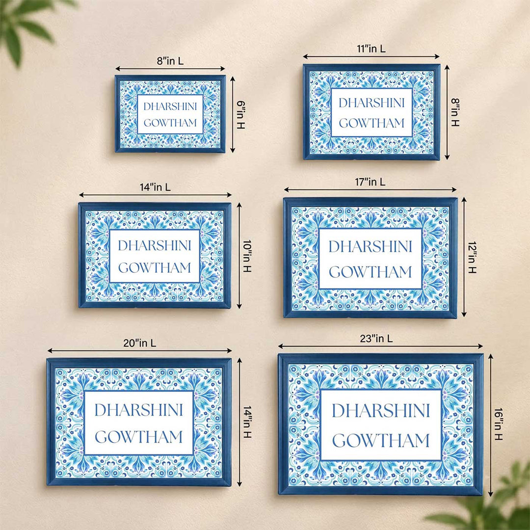 Floral Blue Vintage Design Personalized Resin & Teak Wood Frame Name Plate For Home