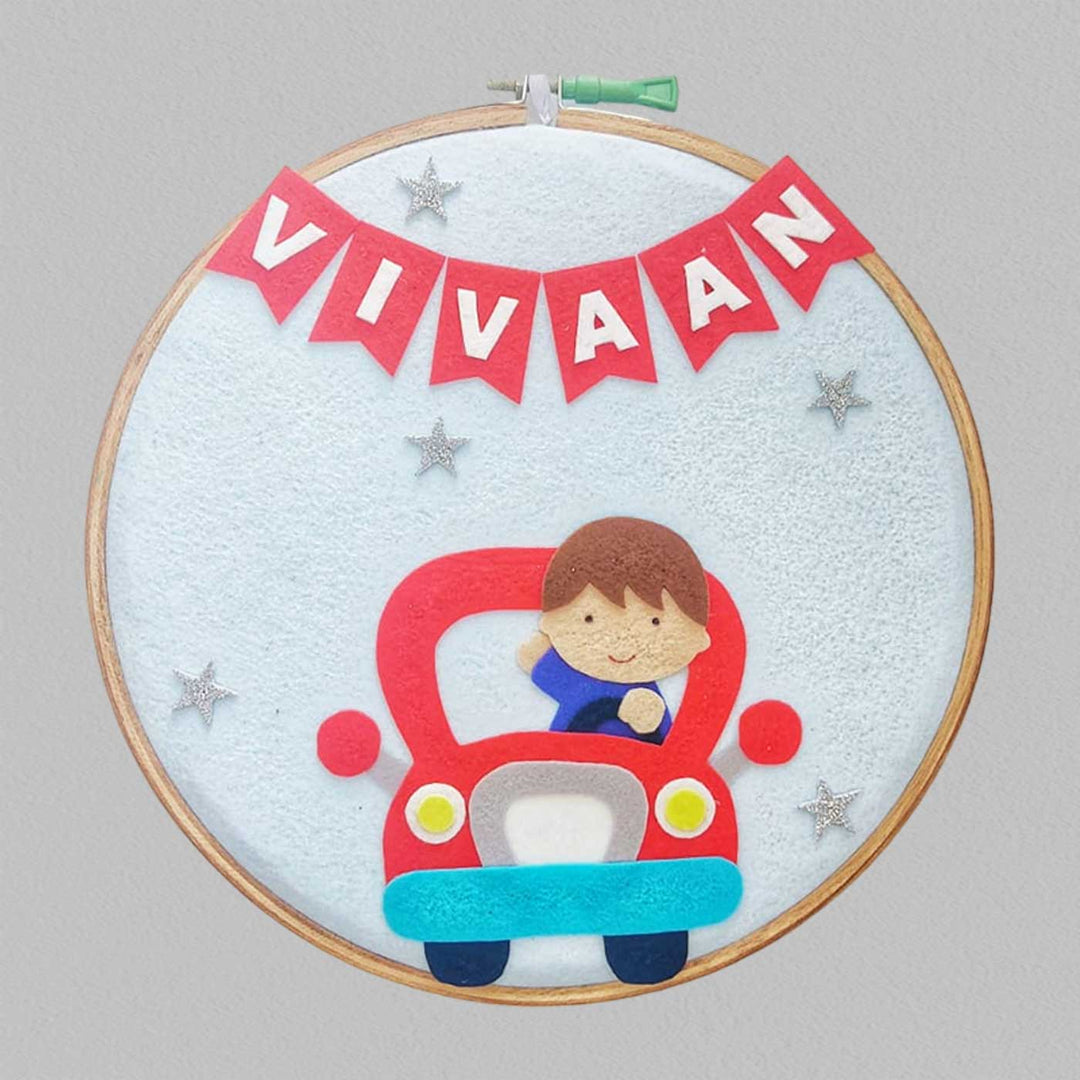 Personalized Handmade Boy And Car Theme Felt Hoop Name Plate - Front View with Name Banner