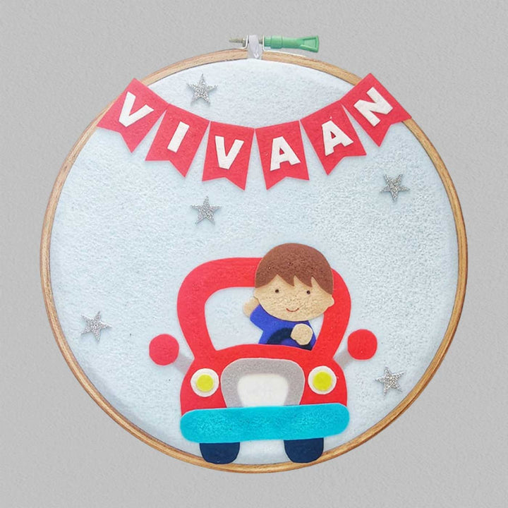 Personalized Handmade Boy And Car Theme Felt Hoop Name Plate - Front View with Name Banner