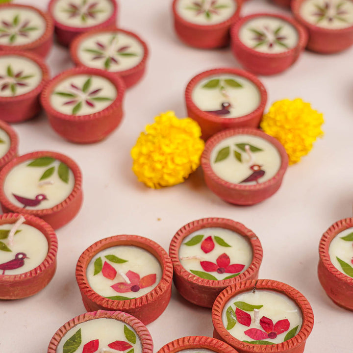 32 Diyas | Handmade Soy Wax & Dry Flower Festive Diyas | 4 Boxes, 8 Diyas per Box