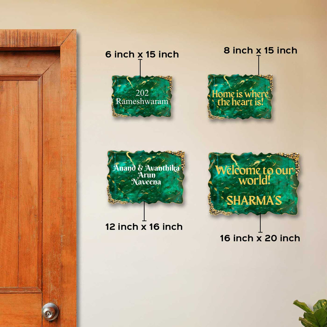 Emerald Green & Gold Personalized Marble Effect Wavy Rectangle Resin Name Plate | With 3D Acrylic Letters & Gold Stone Embellishment
