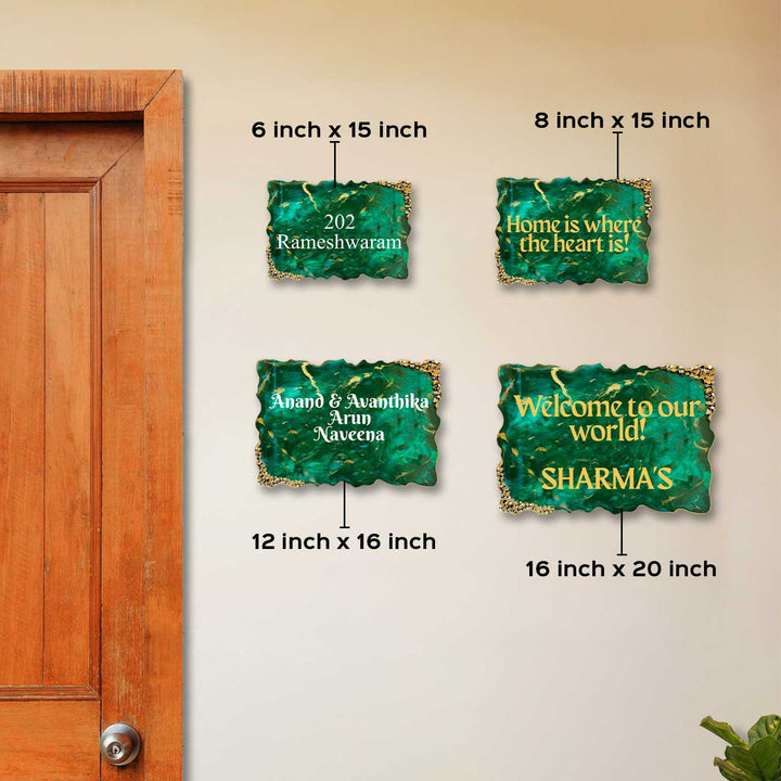 Emerald Green & Gold Personalized Marble Effect Wavy Rectangle Resin Name Plate | With 3D Acrylic Letters & Gold Stone Embellishment