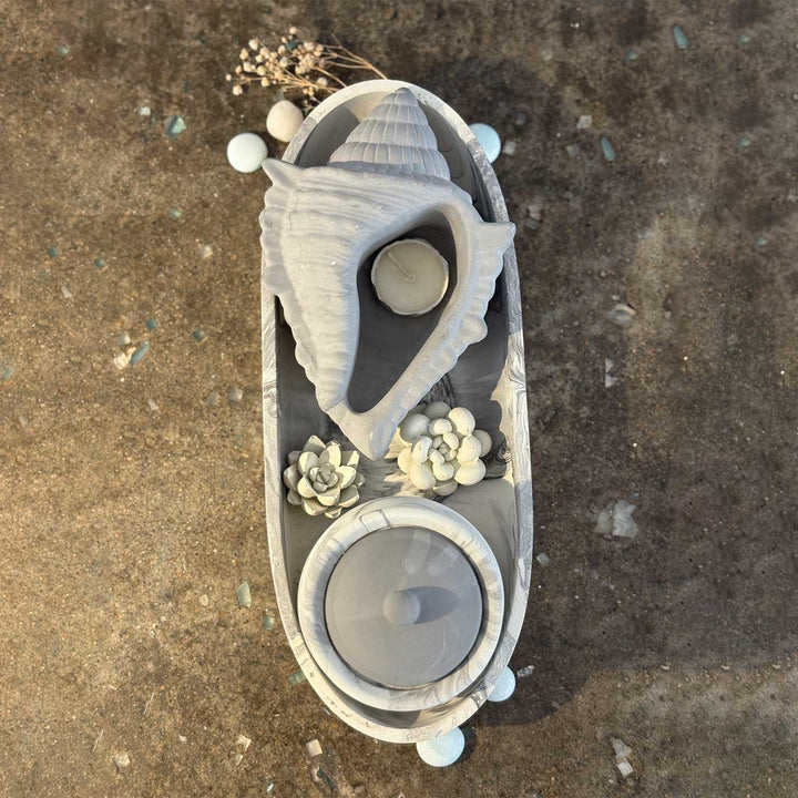 Handmade Luminous Concrete Gift Hamper | Includes 1 Ovoid Bowl Large, 1 Conch Shell Candle, 1 Urn, 2 Concrete Succulents