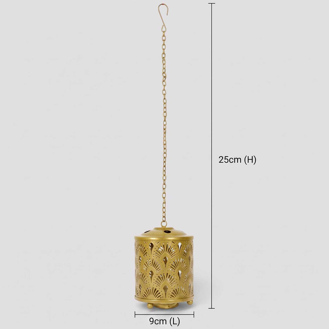 Handmade Gold Round Flower Etched Hanging Metal Tealight Holder For Festive Decor