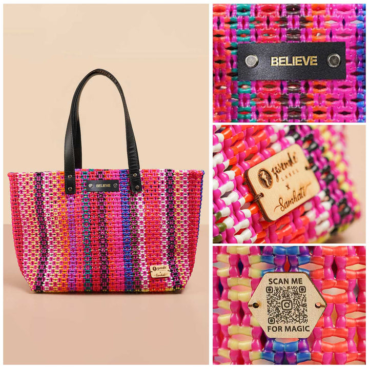 Multicolour Striped Pink Sivakannu Knot Handmade Koodai Market Bag
