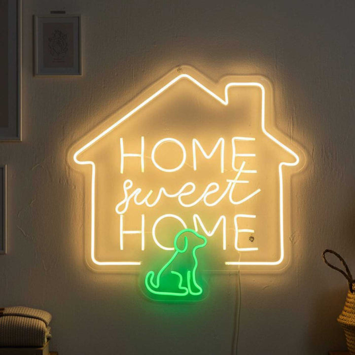 Handmade "Home Sweet Home" Neon Light Sign Board With Dog Motif Wall Decor