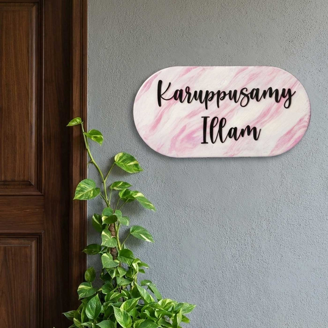Pink & Black Personalized Marble Effect Oval Resin Name Plate | With 3D Acrylic Letters