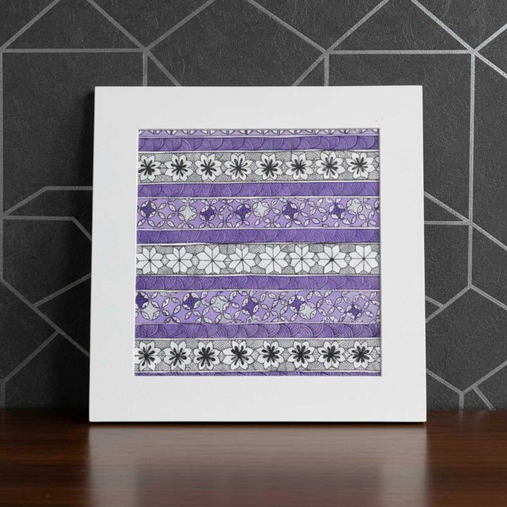 8 x 8.5 Inch | Traditional Purple & White Madhubani Style Drawing With Frame