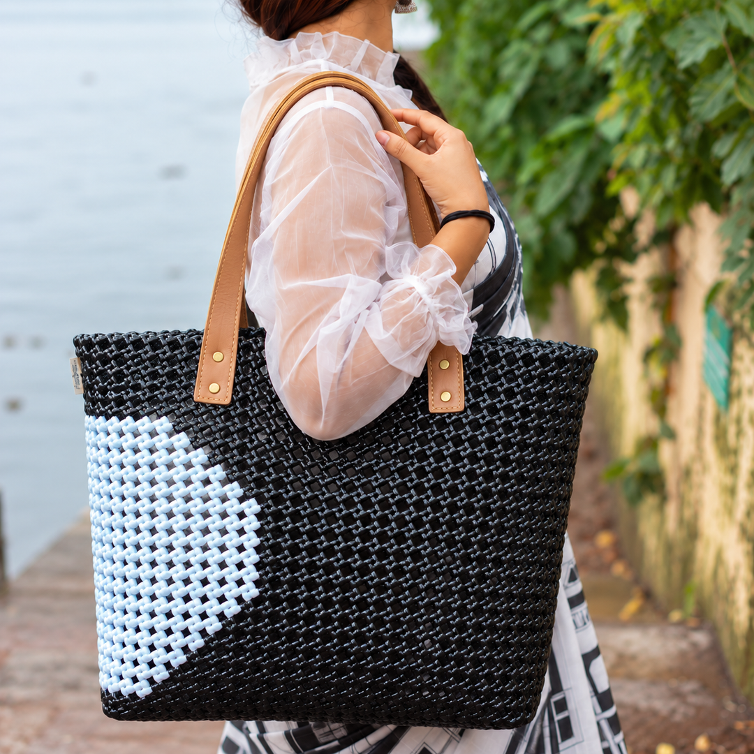 "Retro Polka" Black With White Semicircle Motif Handmade Wire Koodai Tote Bag With Tan Leather Handle