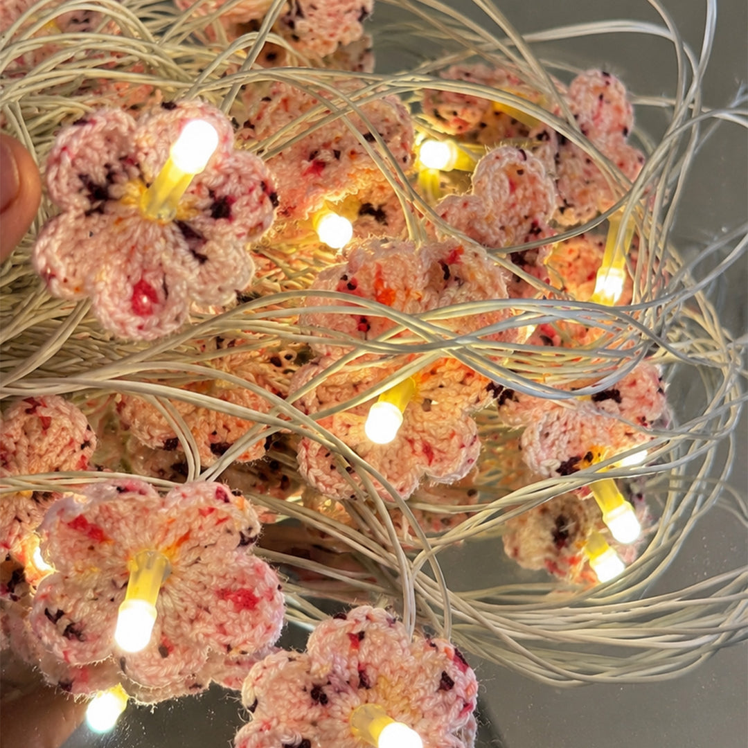 Handmade Crochet Blossom Wool LED Fairy Light For Festive Decor - Pink