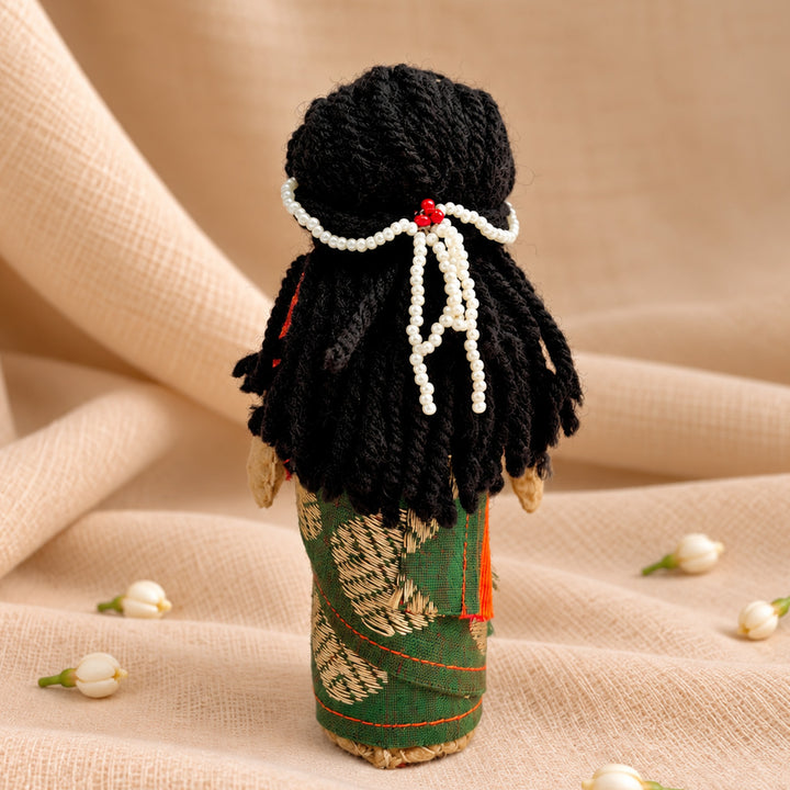 "Janaki" Handmade Felt & Fabric Golu Doll In Saree With Gajra For Festive Decor