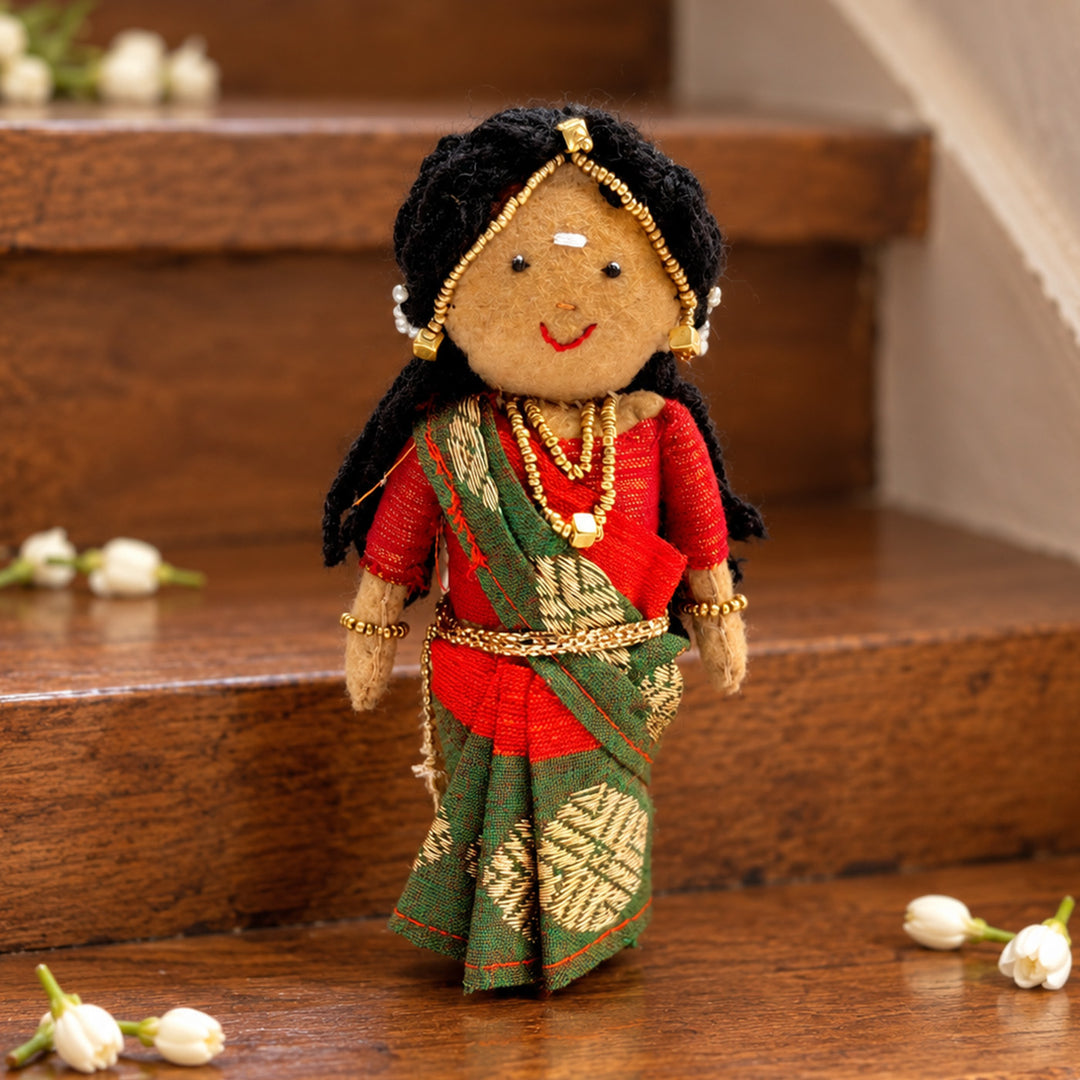 "Janaki" Handmade Felt & Fabric Golu Doll In Saree With Gajra For Festive Decor